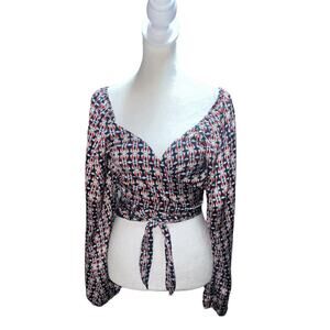 Le Lis Womens Multi Diamond Pattern Balloon Sleeve Wrap Tie Crop Top, Large, NEW